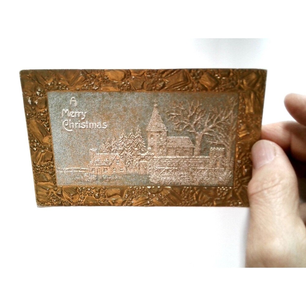 Vintage Embossed Christmas Postcard Winter Church Scene Metallic Accents